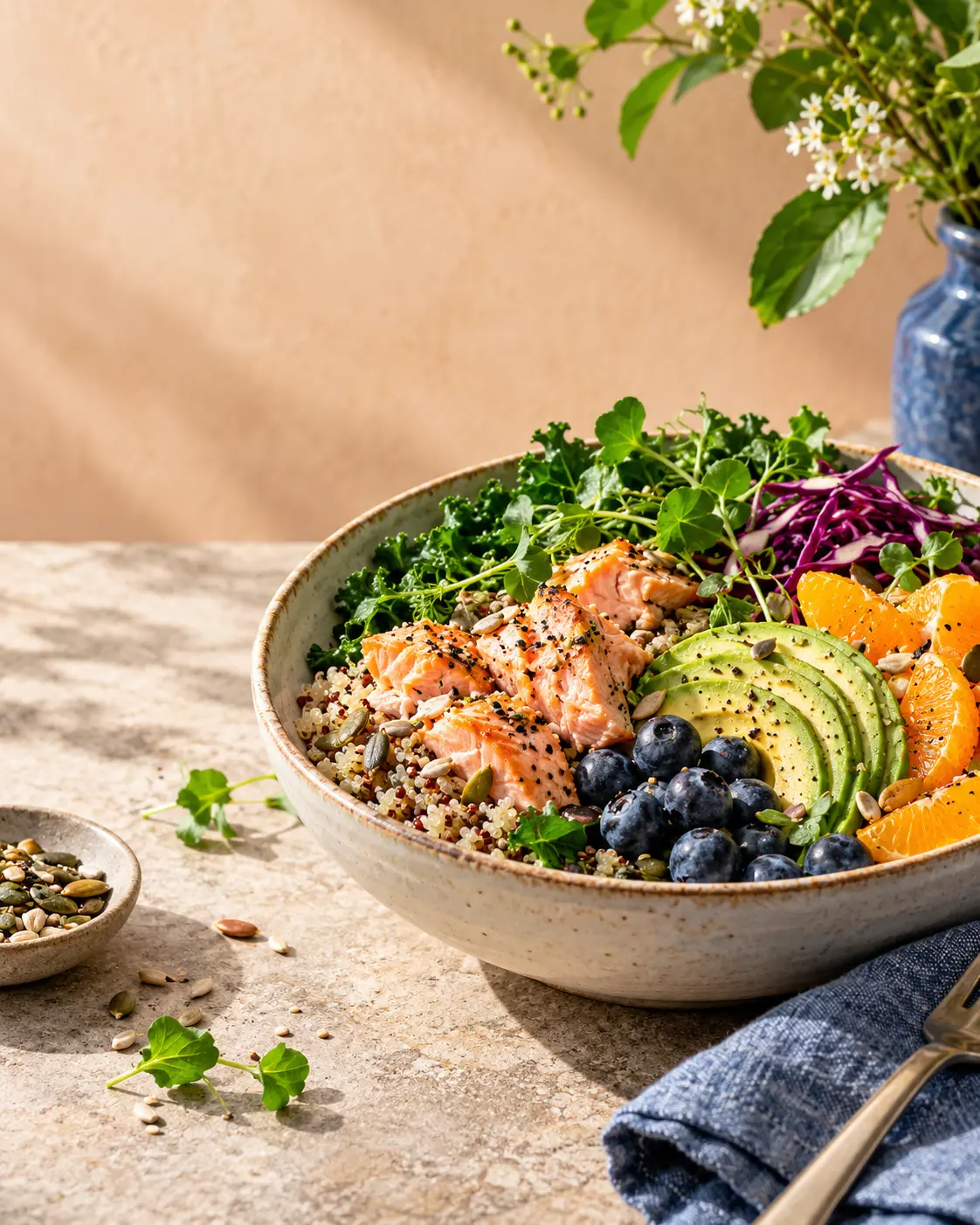 Colourful balanced bowl with salmon, avocado, greens, berries and seeds