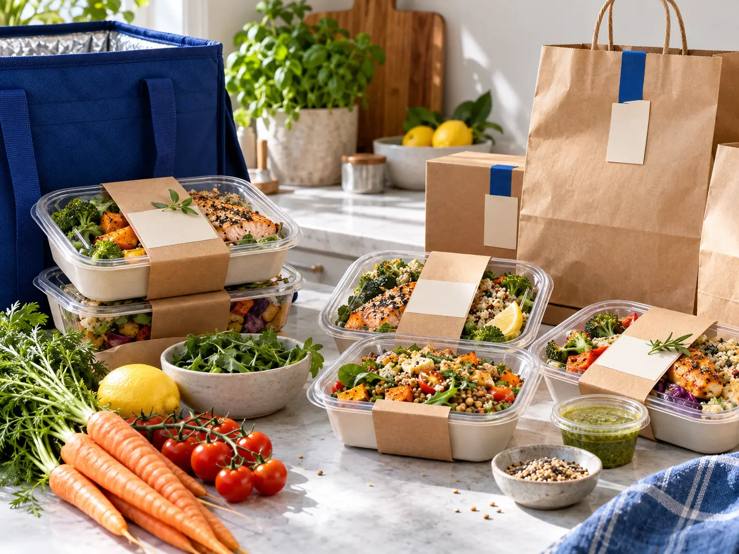 Prepared meals and delivery packaging on a kitchen counter