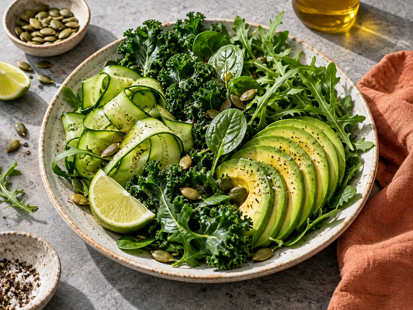Avocado, cucumber, leafy greens and seeds on a ceramic plate